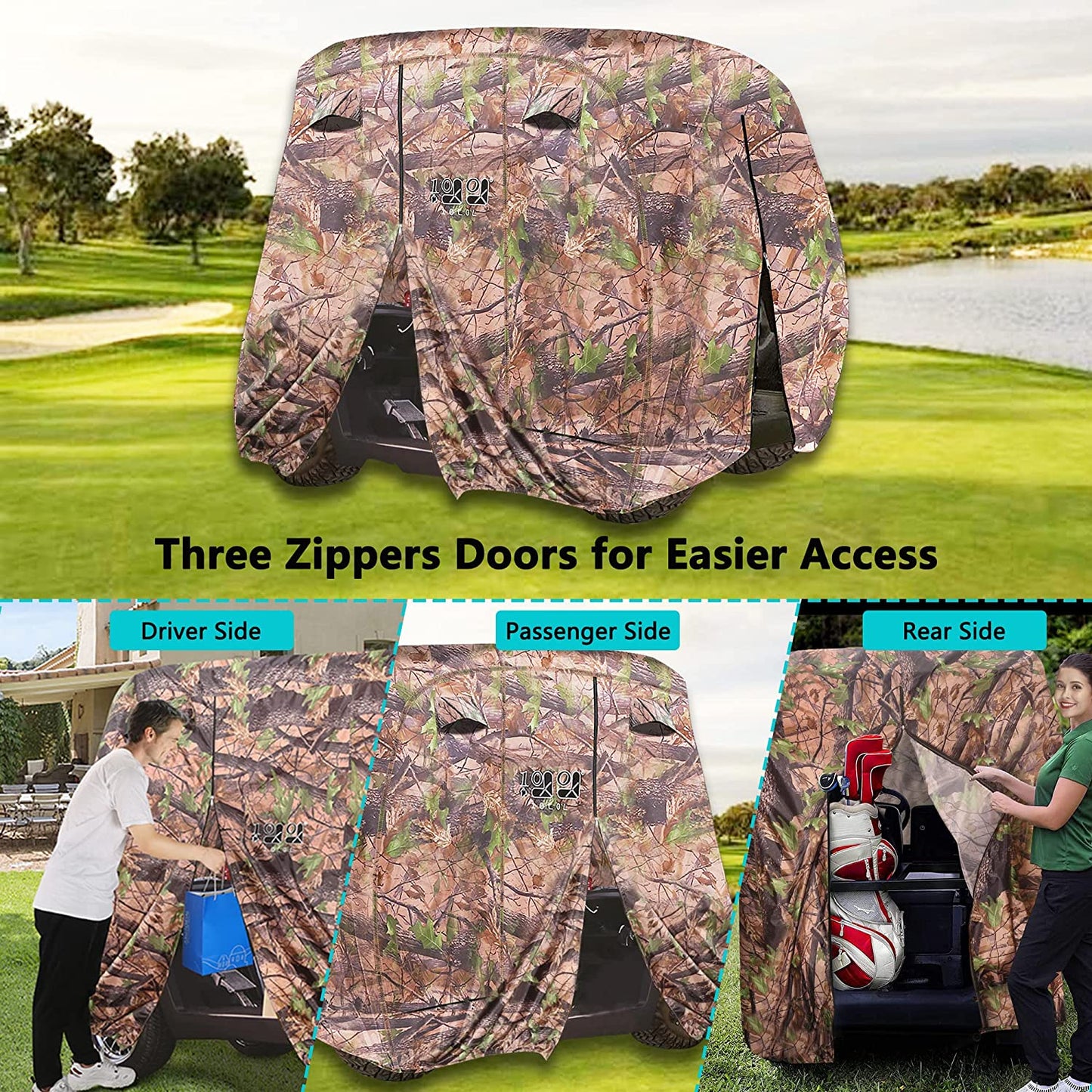 Golf Cart Cover 2/4/4+2 Passenger for Yamaha EZGO Club Car, Heavy Duty 420D Waterproof Windproof Durable Polyester Golf Cart Cover with 3 Zipper Doors for All-Weather Protection (Black/Silver)