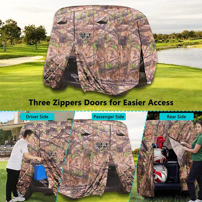Golf Cart Cover 2/4/4+2 Passenger for Yamaha EZGO Club Car, Heavy Duty 420D Waterproof Windproof Durable Polyester Golf Cart Cover with 3 Zipper Doors for All-Weather Protection (Black/Silver)​​
